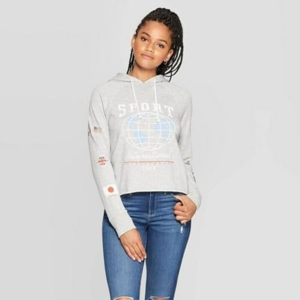 Grayson Threads Womens Sport International Cropped Hoodie Medium Gray
